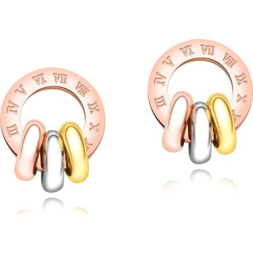 Cyue Fashion Roman Digital Three Color Earrings Stainless Titanium Steel Plated Rose Gold For Lady