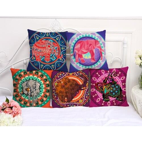 Decorative Pillow Case Elephant Color Painting Pillowcase 17.5 Inches Cotton Linen Chair Seat Throw Pillow Cover A1133