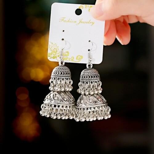 Egypt Vintage Womens Silver Color Double Layer Bells Tassel Earrings Ethnic Turkish Tribal Gypsy Earrings Indian Jewelry