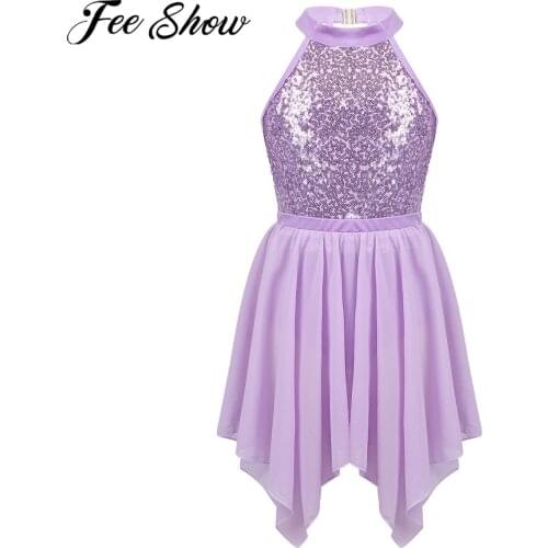 FEESHOW Kids Girls Ballet Outfit Sequins Ballet Dance Gymnastics Stage Performance Leotard with Irregular Hem Chiffon Skirt Set