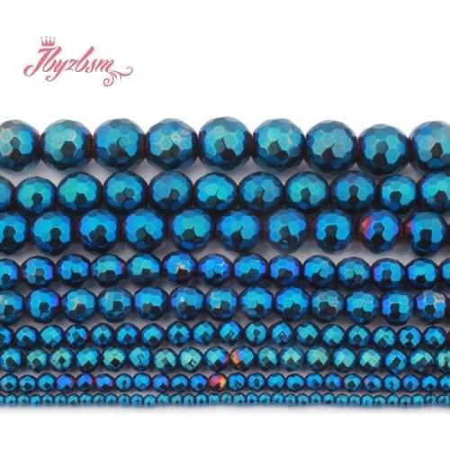 2/3/4/6/8MM Natural Blue Hematite Faceted Round Bead Loose Stone Beads For DIY Necklace Bracelet Jewelry Making Strand 15"