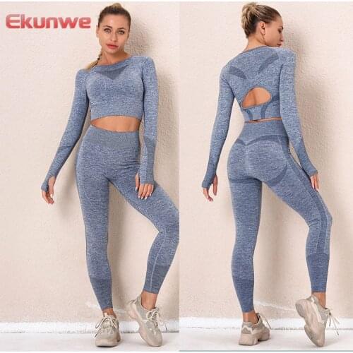 Long Sleeve Sports Shirts Sets Backless Gym Fitness Outfits Two Pieces Suits Yoga Seamless Leggings Sets Training Sportswear