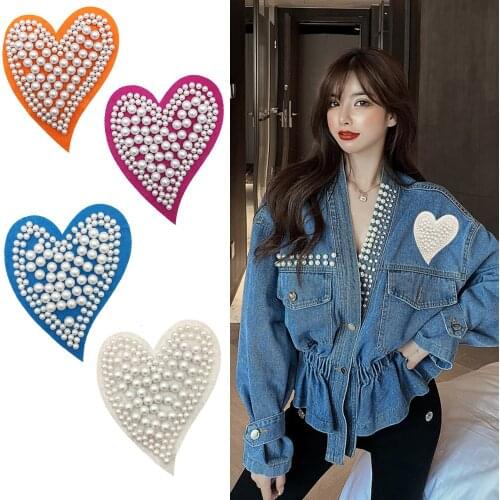 Fashion DIY Heart Beads pearlPatches for Clothes Parches Applique DecorativeDress/Denim Jacket/Handbag BadgesSewing Accessories