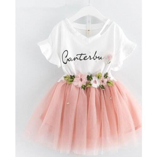 New Summer 2Pcs/Set T-Shirt Skirt Top Net Yarn Breathable Sweet Girls Butterfly Sleeve Top Two Layer Skirt Suit for Daily Life