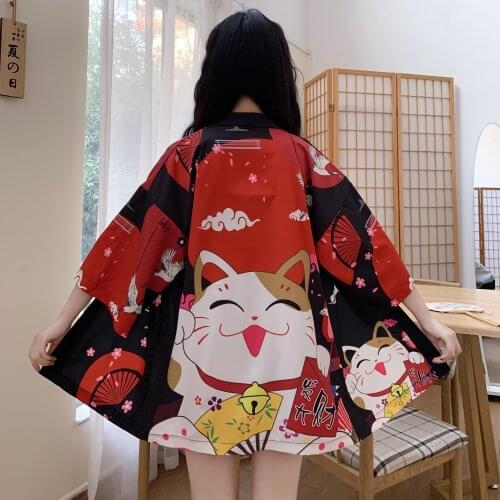 Lucky Cat Beach Cardigan Asian Women Japanese Kimono Cosplay Style Traditional Tops Blouse Yukata Clothing Fashion Kawaii 2021