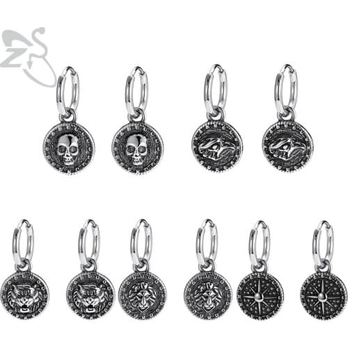 ZS Punk 316L Stainless Steel Skull Hoop Earring For Women Men Tiger Eight Awn Star Dangle Earring Boys Rock Ear Piercing Jewelry