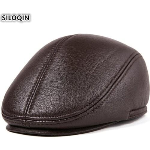 SILOQIN Genuine Leather Hat Men Autumn Winter Fashion First Layer Sheep Skin Berets Thicken Warm Earmuffs Male Bone Hats Gorras