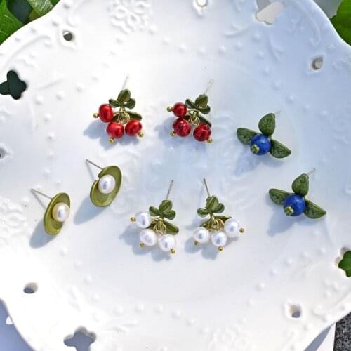 Vintage Plant Jewelry Fashion Women Accessories Good Quality Freshwater Pearls Cranberry Blueberry Brooches Earrings Sets