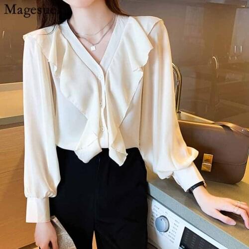 2020 Autumn Korean Style Solid Color V-neck Ruffled Blouse Women Long Lantern Sleeve Slim Fit Cardigan Shirts Blusas Mujer 11458