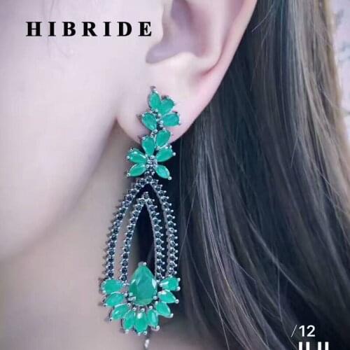 HIBRIDE Bohemia Style Clear Red And Green Cubic Zirconia Pendientes Earrings Black Gun Plated Women Long Earring Brincos E-473