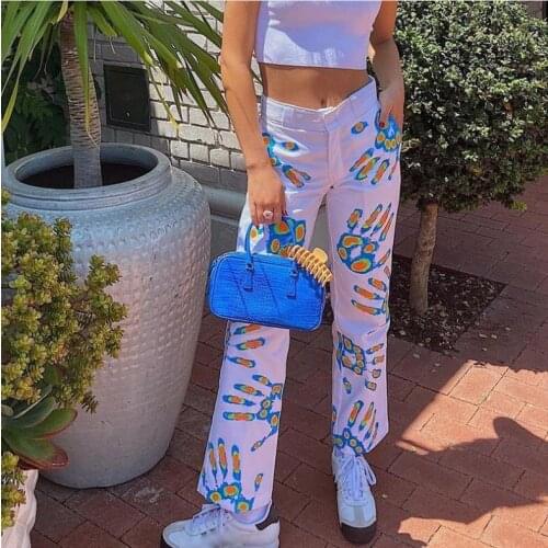 Women Jeans High Waist Palm Print Graffiti Denim Trousers White Retro Washed Fashion Sexy Wide Leg Pants Straight Pants Oversize