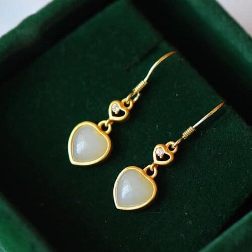 Retro Peach Heart Earrings 925 Sterling Silver Hetian Jade Inlaid Heart Earrings Gold Small Refined Grace Female Jade Earrings