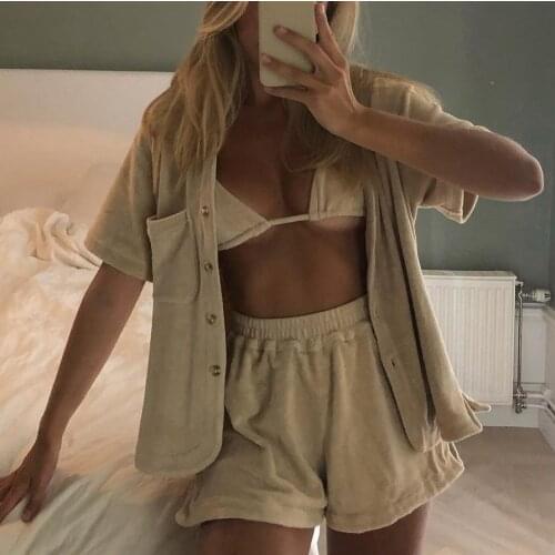 2021 Summer Beach White Jacket and Shorts Two Piece Set Women Tracksuit Loungewear Casual Cardigan Autumn Outfits Woman Sets