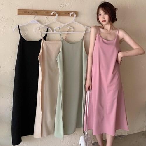 Women Fashion Sexy Backless Spaghetti Satin Long Dress Ladies Sleeveless Solid Korean Summer Sweet A-Line Skirt Female