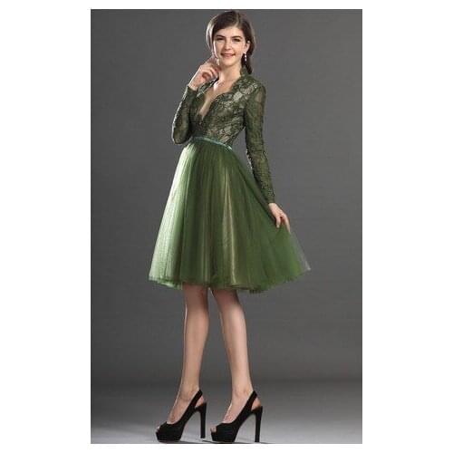 Vestido De Festa 2018 Sexy Green Deep V-Neck Long Sleeve Lace Short Formal Sexy Robe De Soiree prom gown bridesmaid dresses