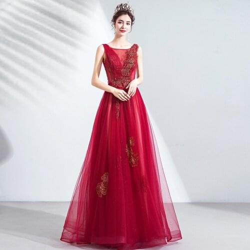 Evening Dresses Illusion O-Neck Sleeveless Crystal Beading Pleat Sequined Tulle Lace Luxury Red Women Formal Party Gown TS060