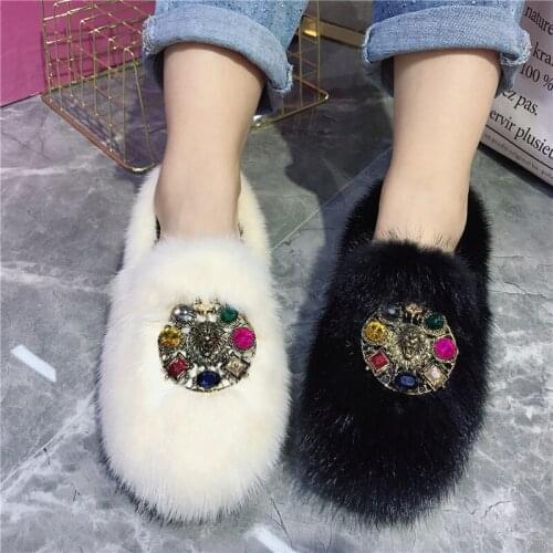 2021European Fashion Winter Womens Fur Flat Shoes 100% Mink Fur Fluffy Flat Shoes Cute Warm Fur Edamame Shoes