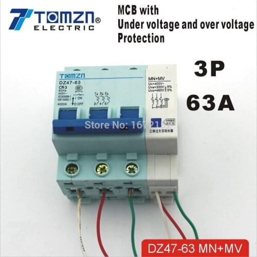 3P 63A 400V~ 50HZ/60HZ MCB with over voltage and under voltage protection Mini Circuit breaker C45 C type