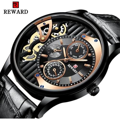 REWARD Luxury Black Leather Watches Week Display Classic Rose Golden Wrist Watches Quartz Movement Skeleton Relogio Masculino