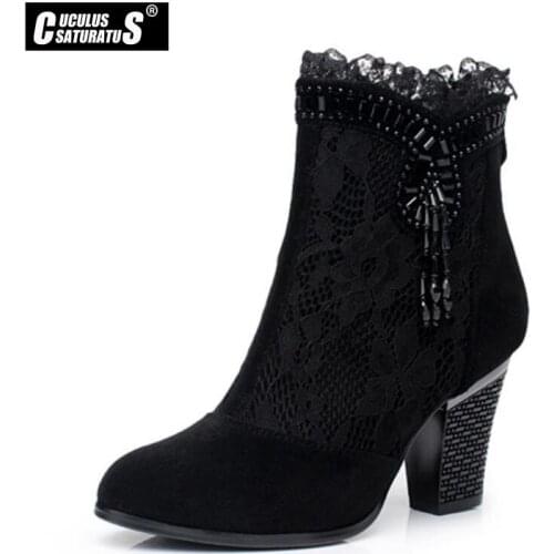 Cuculus 2020 Spring And Autumn Women Lace Mesh Ankle Boots Suede High-heeled Beaded Gauze Booties 1994