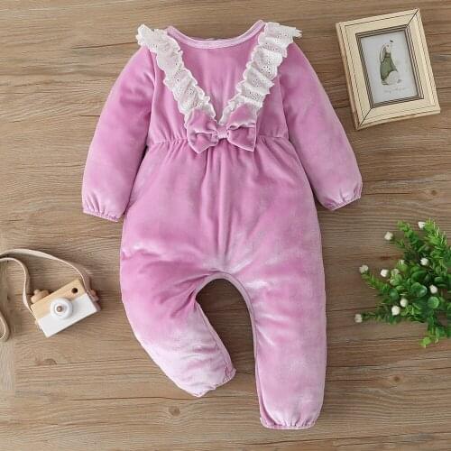 New 2021 Infant Newborn Baby Romper Winter Long Sleeve O Neck Lace Purple Bow Baby Cute Rompers Clothes Outfits