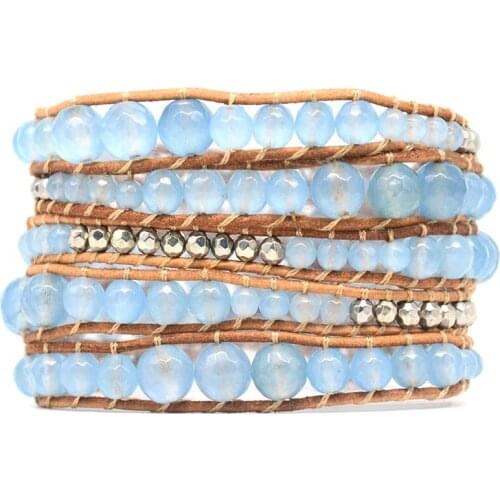 Women Boho Bracelet Natural Mix Size Stone Leather Wrap Bracelet Semi Precious Stone Beaded Cuff Bracelet Dropship