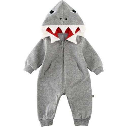 Cute Baby Boy Girl Shark Autumn Long Sleeve Romper Playsuit Winter Hooded Clothes Outfit
