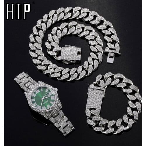 Hip Hop 20MM 3PCS KIT Watch+Necklace+Bracelet Bling Crystal AAA+ Iced Out Cuban Rhinestones Chains For Women Men Jewelry