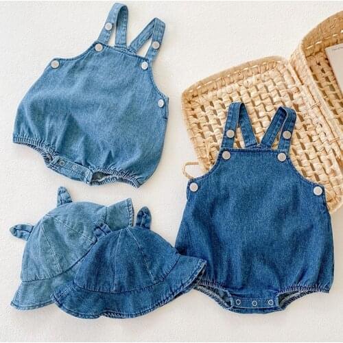 Summer Newborn Baby Boys Girls Cowboy Jumpsuits+Hat Baby Boys Girls Sleeveless Jeans Rompers Toddler Baby Girl Clothes
