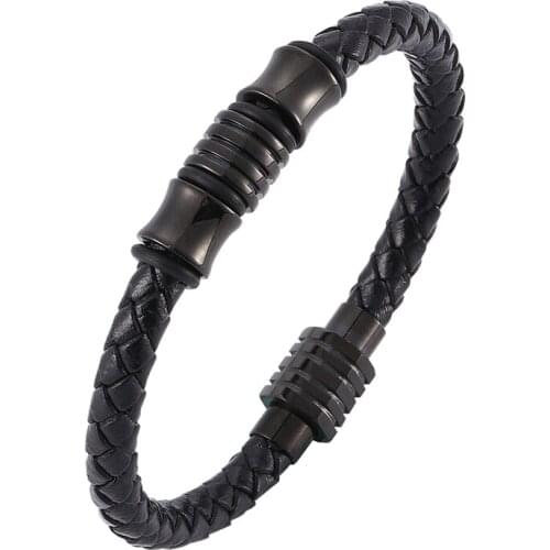 Fashion Jewelry of Men Genuine Leather Bracelet Black Creative Design Stainless Steel Magnetic Buckle Man Charm Bangle BB0035