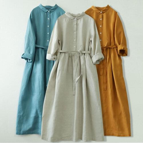 Pure linen long-sleeved dress aging doll collar spring and autumn new cotton and linen womens shirt collar long dress 277