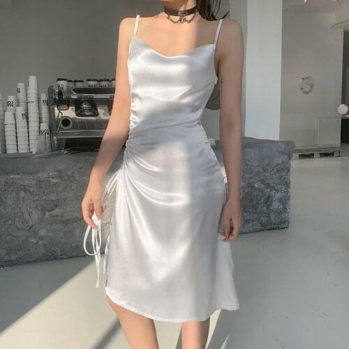 High Waist Solid Color Dress Women Slim Satin Side Slit Pleating Dress Spaghetti Straps Sexy Club Dress Suspender Dresses