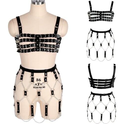 Sexy Lingerie Set Leather Full Body Punk Goth Harness For Women Metal Chain Accessories Wedding Garters Pole Dance Clothes
