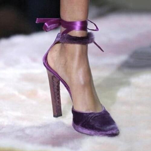 Velvet Purple High Heel Ankle Strap Shoes Women Pointed Toe Thin Heels Elegant Party Wedding Shoes Summer Pumps Stiletto Heel