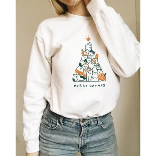 Merry Catmas Colored Sweatshirt Fashion Women Christmas Holidays Gift Pullovers Kawaii Cats Christmas Tree Funny Sweatshirts
