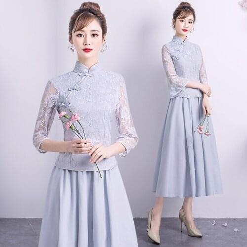 2Pcs Vintage Chinese Style Retro Toast Gown Marriage Cheongsam Qipao Party Dusty Blue Bridesmaid Dresses Wedding Guest Dress 757