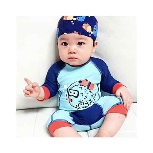 1T-6T Cartoon Fish Kids Baby Boys Girls One Piece Swimming Surfing Suit Swimwear + Hat Summer Beach Wear Boys Swimsuit SA4046