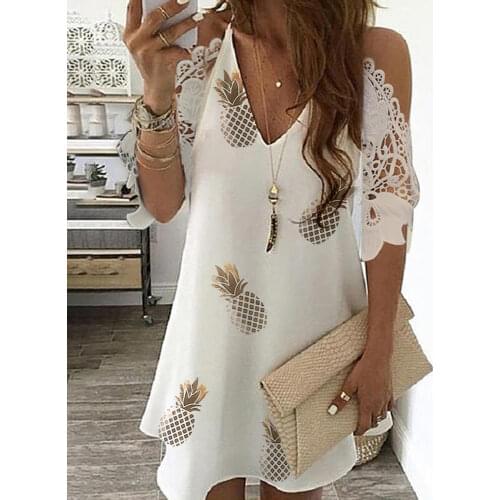 Women Summer Elegant Pineapple Print Cold Shoulder Crochet Lace Dress Lady Short Sleeve Hollow Out Casual Mini Dress
