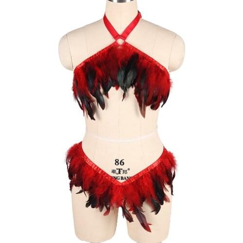 Punk Goth Feathers Accessories Full Body 2 Piece Sexy Lingerie Set Harness For Women Adjust Waist Size Festival Rave Costume