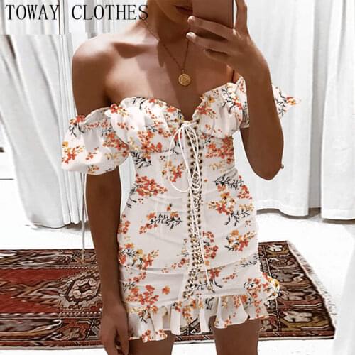 Women Summer Dress 2020 Lace Up Strapless Off The Shoulder Sexy Dress Short Sleeve Holiday Floral Print Ruffle Beach Dress White