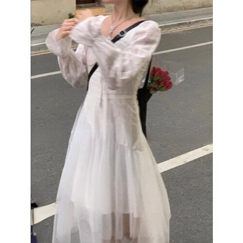 White France Elegant One-piece Dress Women Sweet Vintage Evening Party Midi Dresses Ladies Retro Korean Style Dress Autumn 2021