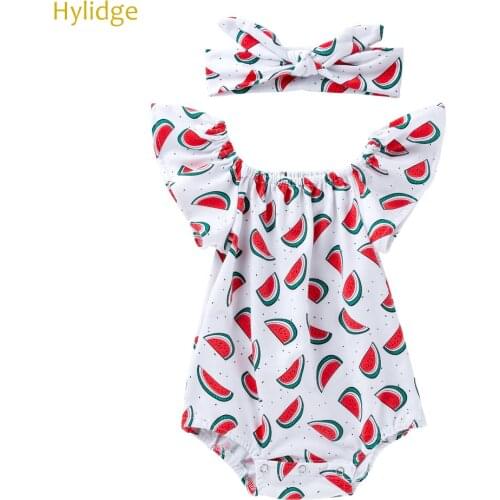 Hylidge Cute Watermelon Pinted Baby Romper For Toddler Girl White Onesie Clothes Ruffle Sleeve Baby Clothes Outfit Headband Set