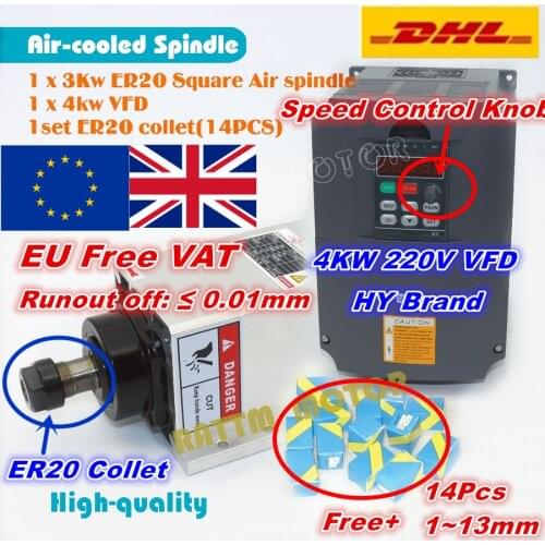 [EU Delivery] Quality Square 3KW ER20 Air Cooled Spindle Motor runout-off 0.01mm 4 bearing & 4KW VFD & ER20 collet for Engraving