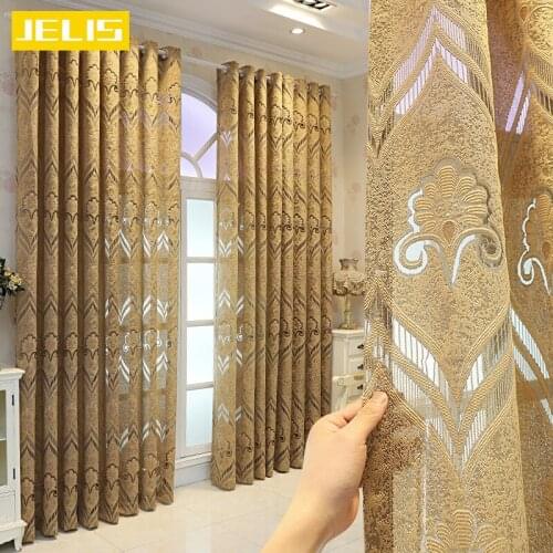 European Luxury Hollow Out Elegant Beige Jacquard Geometric Tulle Curtains for Living Room Delicate Fabric for Bedroom Drape