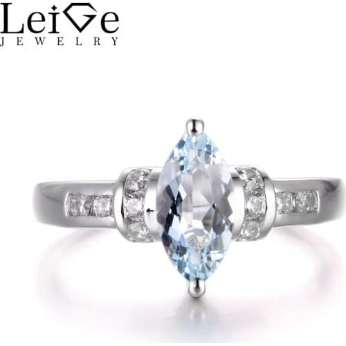 LeiGe Jewelry Unique Wedding Rings Natural Blue Aquamarine Rings March Birthstone Marquise Cut Blue Stone 925 Sterling Silver