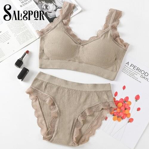 SALSPOR Lace Underwear Set Women Sexy Solid Wireless Padded Bra Top Comfortable Breathable Bras Sets