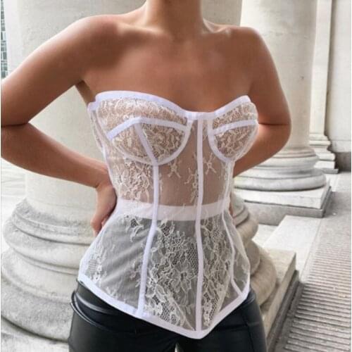 Fashion New Ladies Strapless See Through Slim Fit Skinny Floral Lace Beach Party Club Sexy Cover Ups Tank Tops