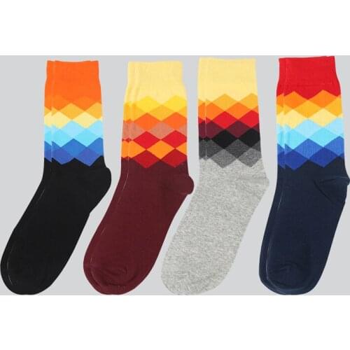 DONG AI 4 Pairs Casual Socks Men Cotton Breathable Soft Business Colorful Funny Rhombus Pattern Hot Wholesale Fashion Male Sox