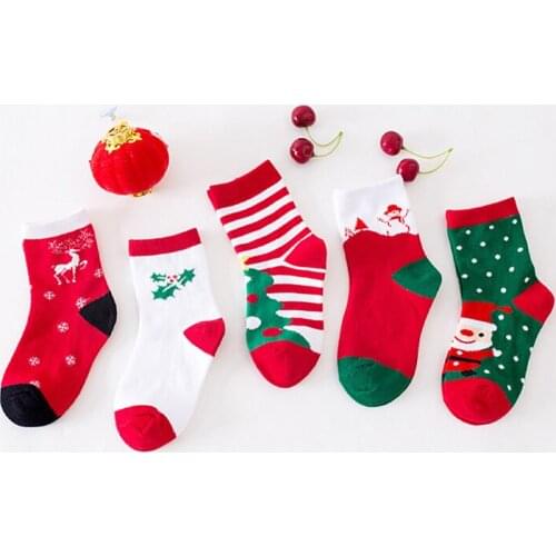 5Pairs Christmas 100% Cotton Baby Boys Girls Winter Socks New Year Striped Keep Warm Floor Anti-skid Childrens Socks 4-6Years