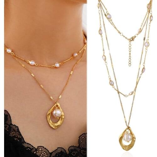 2020 New Fashion Necklace For Women Steel Waterdrop Pendant Chain Trendy Double Layers Simulated Pearl Drop Chain Jewelry